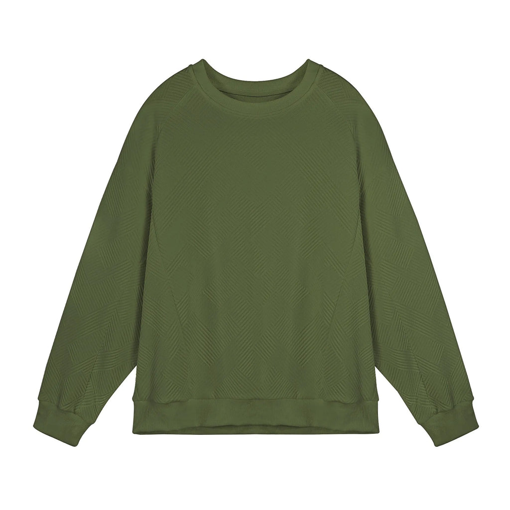 Man wearing a loose fit Army Green long sleeve twill jacquard pullover sweater.