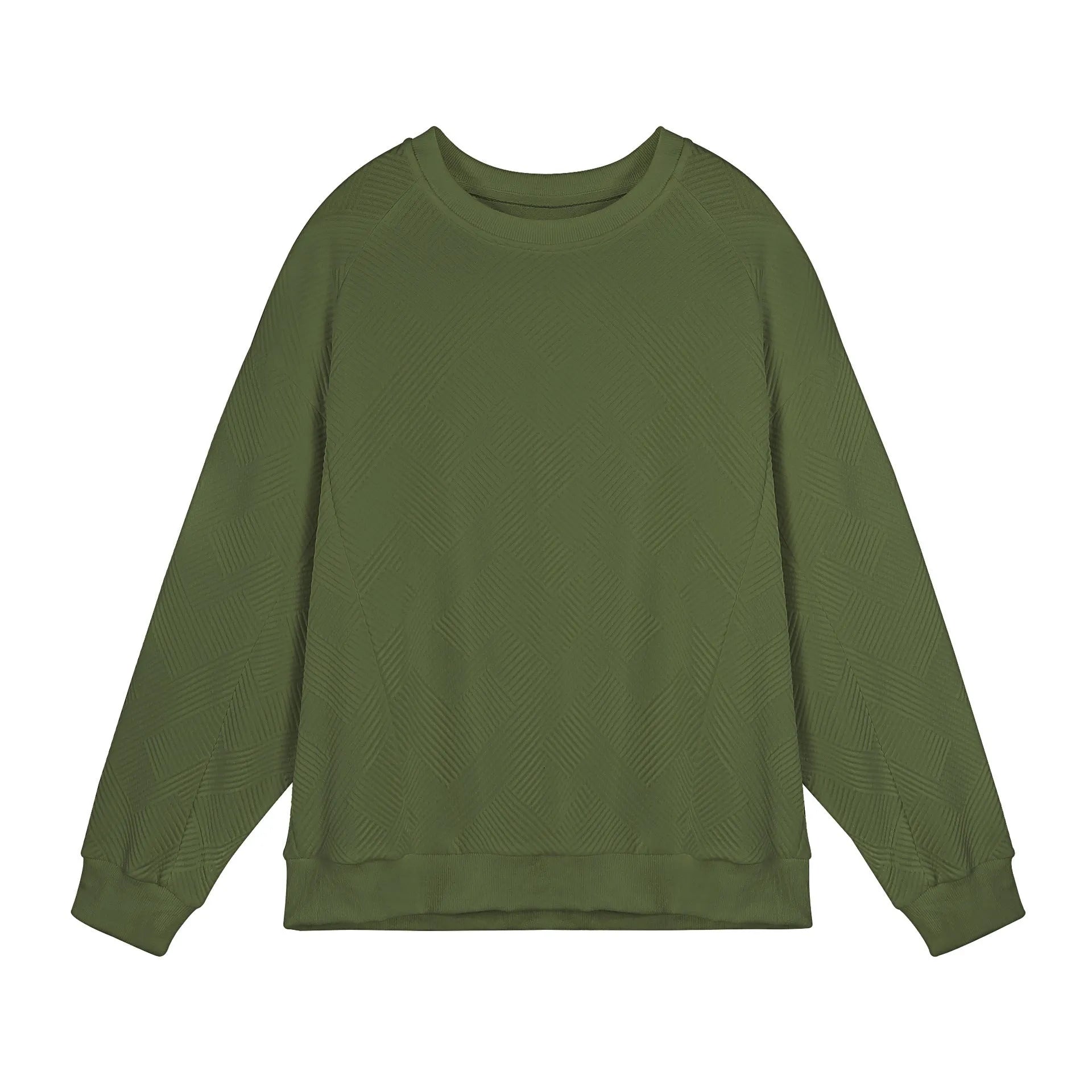 Man wearing a loose fit Army Green long sleeve twill jacquard pullover sweater.