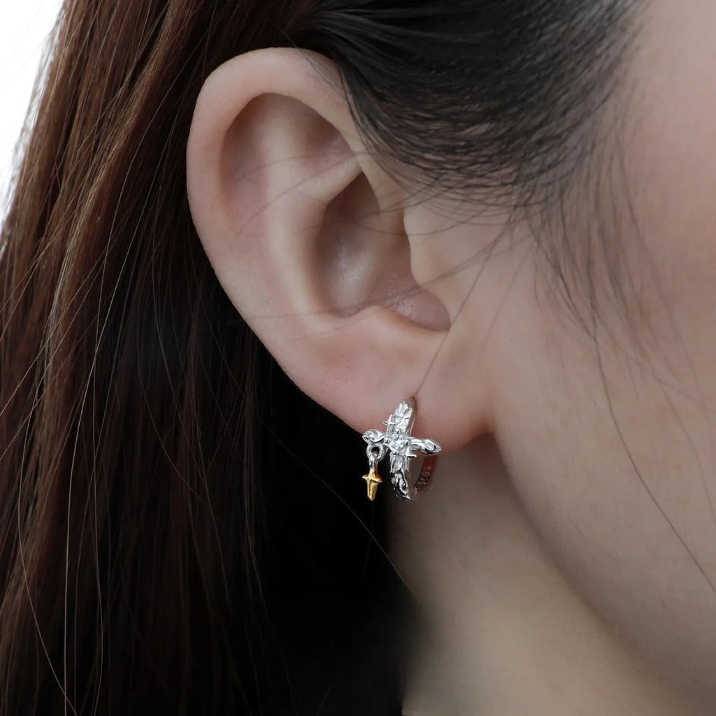 Geometric cross earrings with round elements in sterling silver with white gold colour finish
