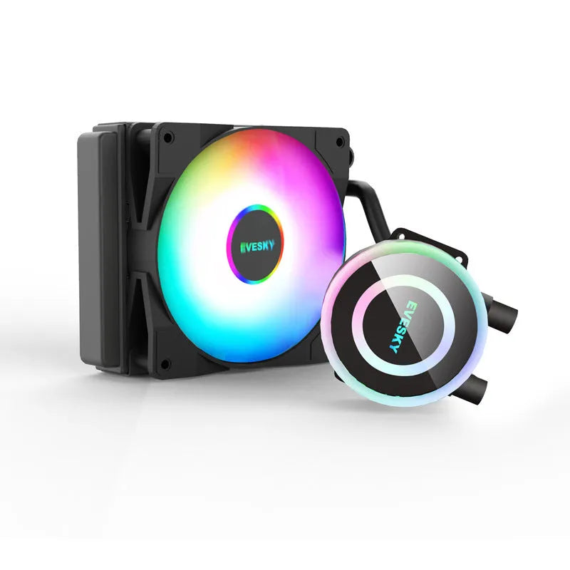 Aluminium CPU radiator with fan, showing multi-angle mount and optional RGB lighting on 120MM model.
