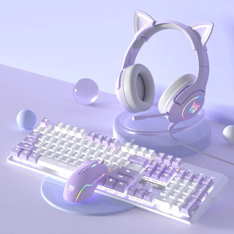 Purple-white mechanical keyboard and mouse gaming bundle with backlight illumination on desktop setup