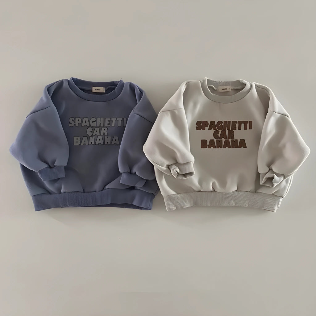 Children's blue long-sleeved cotton letter sweater on child front view