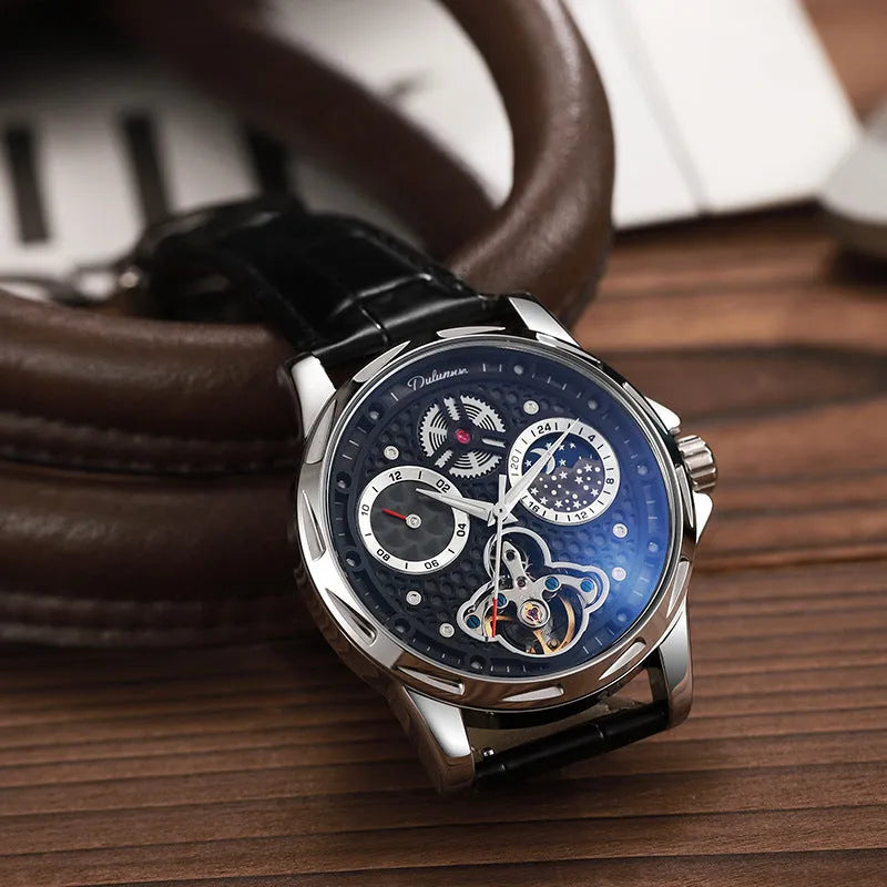 Men's waterproof automatic watch with luminous dial in business style, showing black and white case options with steel and leather straps