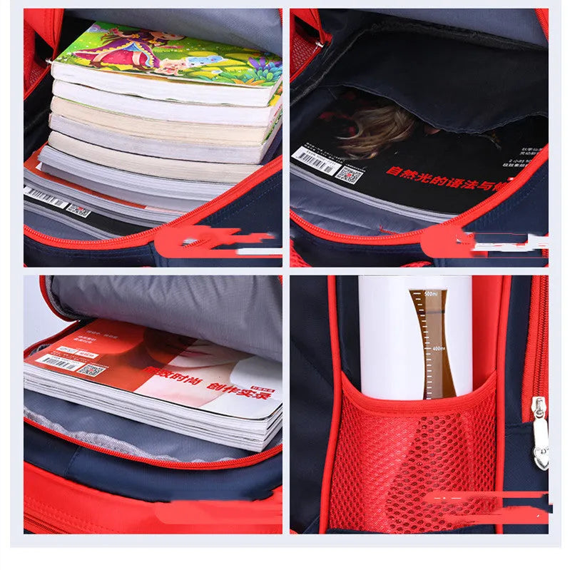 Blue children's cartoon print backpack with pencil case, shown from the side.