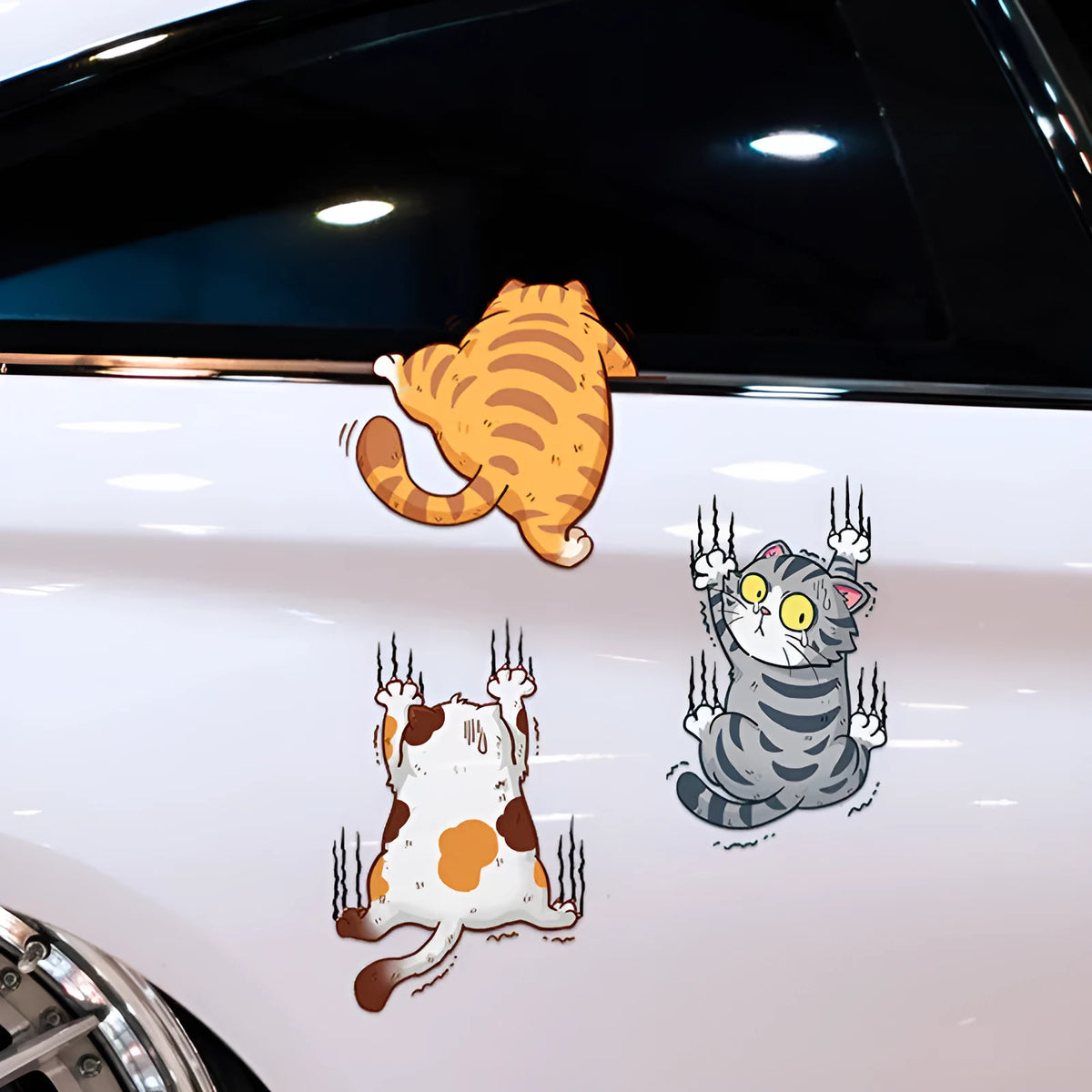 Scratch cat car sticker set three PVC decals in big medium small sizes
