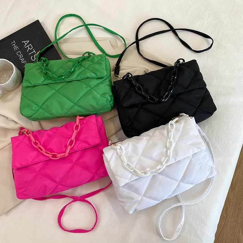 Nylon handbag with chain diagonal cross texture diamond grid, horizontal square shape, available in four colours