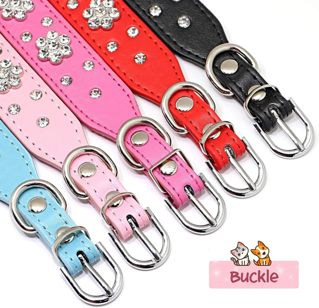 Rhinestone and studded flower pattern on a black adjustable PU leather dog collar with metal D-ring