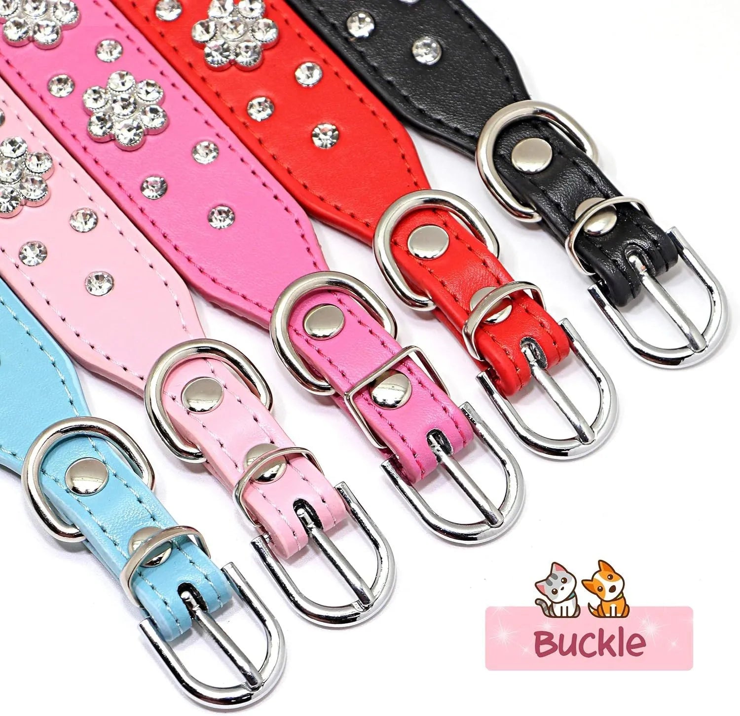 Rhinestone and studded flower pattern on a black adjustable PU leather dog collar with metal D-ring