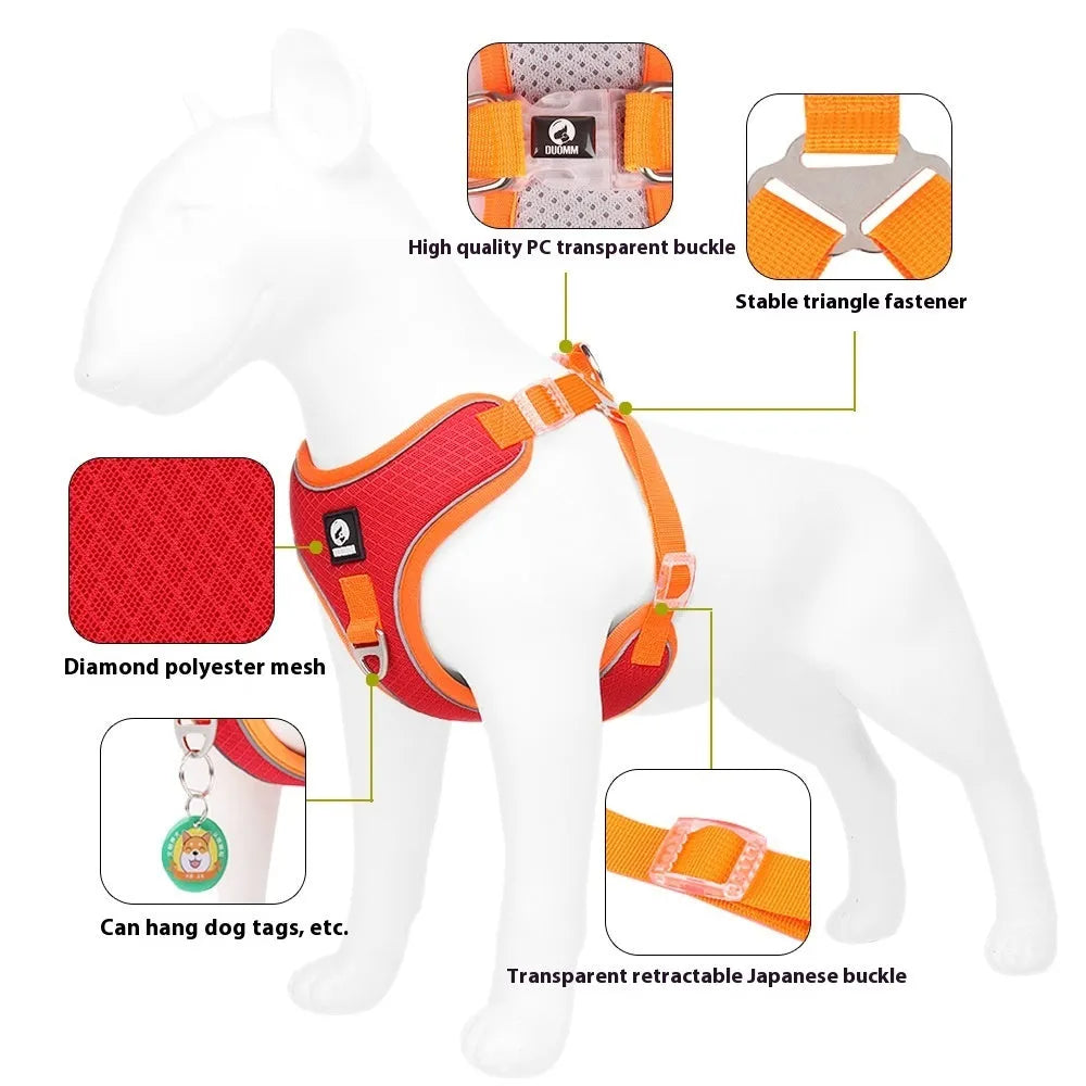 Adjustable breathable mesh dog harness with reflective stitching in multiple colour options