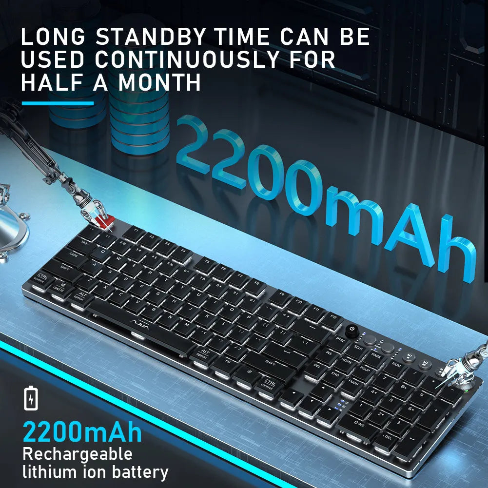 Wireless mechanical keyboard 104 keys low-profile with blue backlight, full layout, and short shaft switches