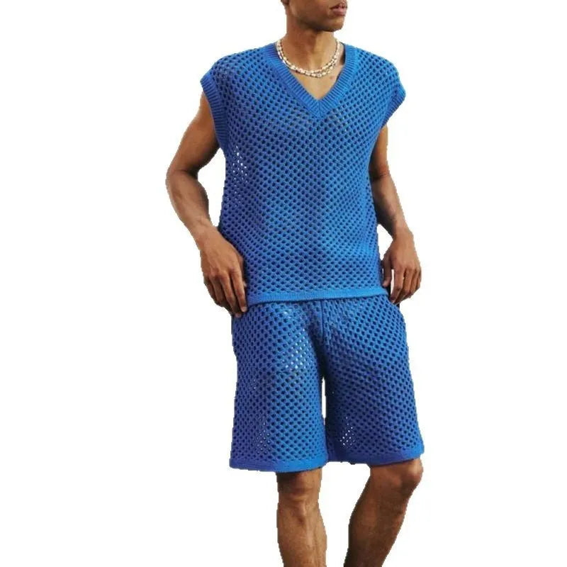 Men's blue V-neck sleeveless vest with matching shorts sports suit set