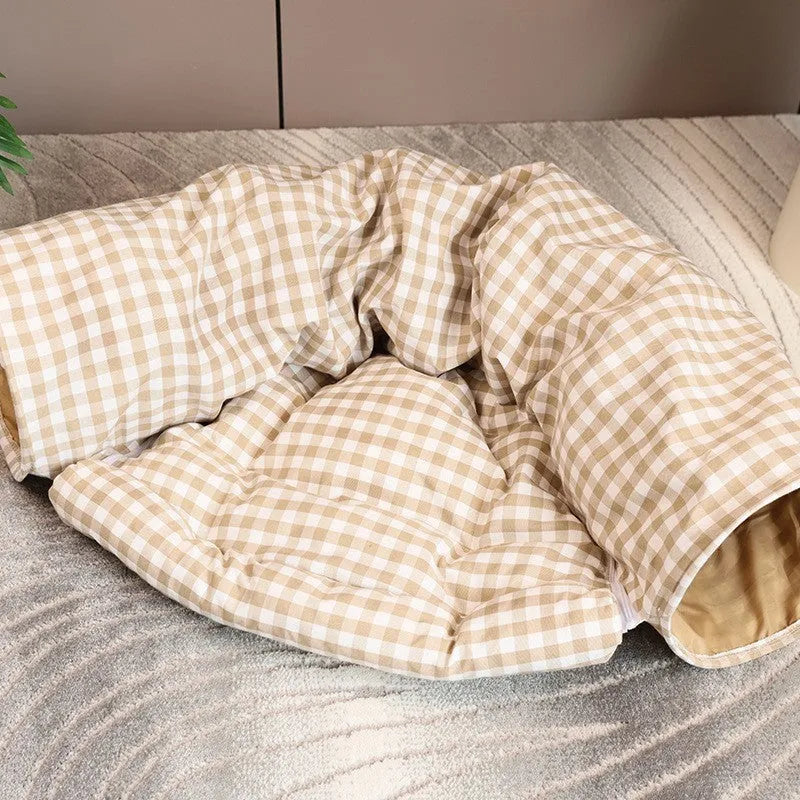 Cloth cat nest pet bed in khaki, grey or British Plaid with boredom toy facility