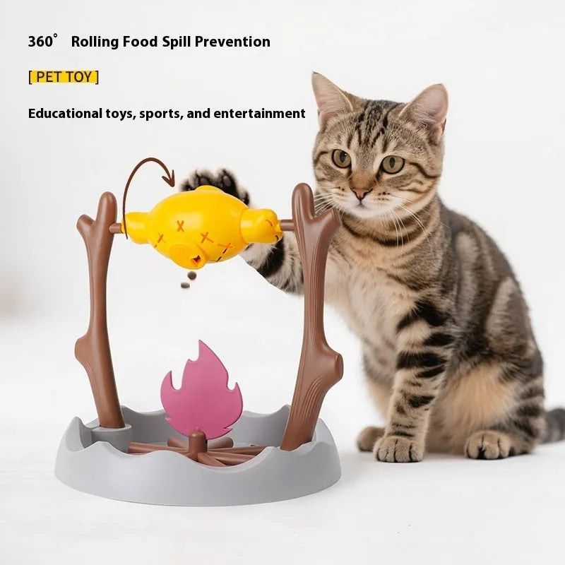 Barbecue-style cat feeder toy with tumbling design for slow feeding, dimensions 30x30x29cm