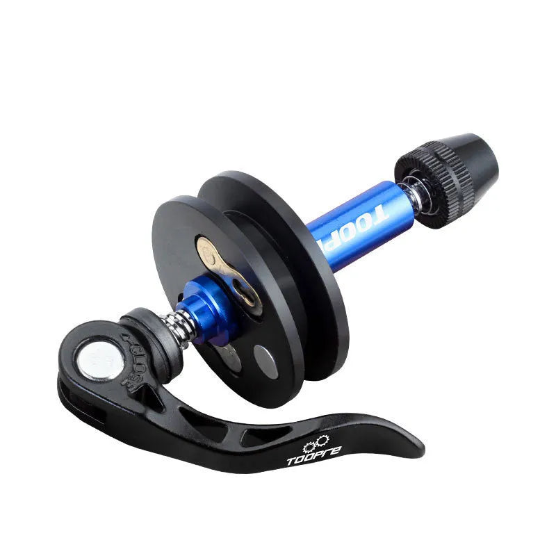 Aluminium bicycle chain holder tool showing three version options: barrel shaft, basic, and quick release.