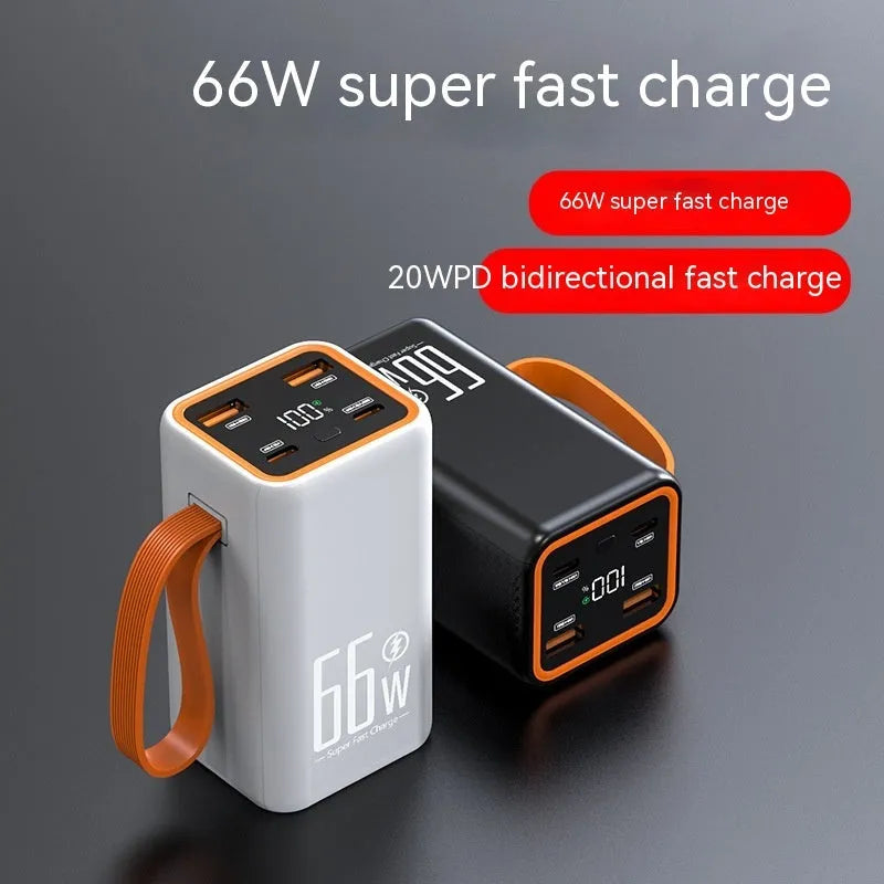 Black and white 20000mAh fast-charge power bank showing compact 95x52x47.5mm dimensions