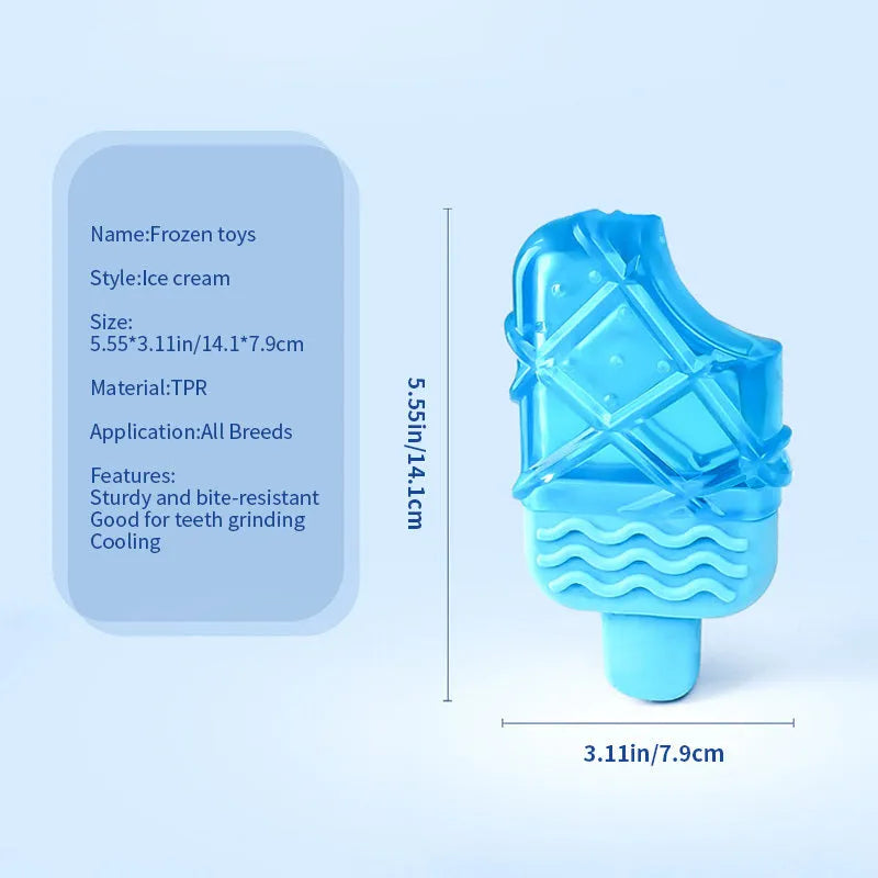Set of three water-filled ice dog cooling toys including pacifier, popsicle mould, and ring shapes