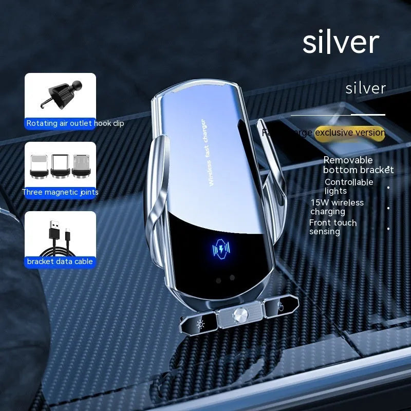 Car wireless charger bracket with electric clamping on a car air vent, 15W Type-C, black finish