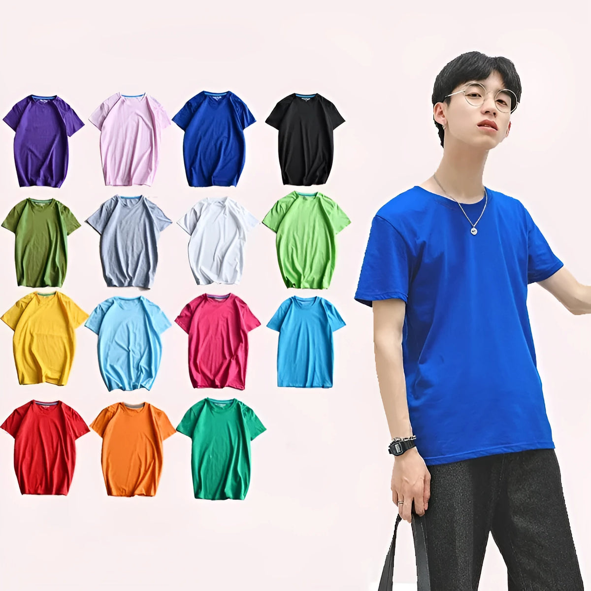 Men's solid colour round neck cotton T-shirt on a hanger, showing short sleeve and casual pullover style.