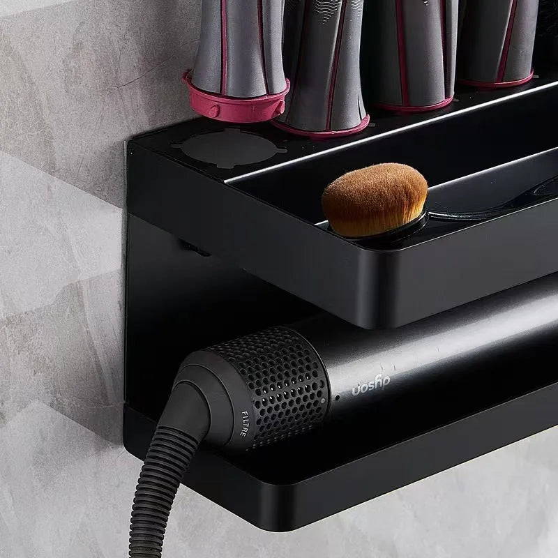 White double-layer aluminium bathroom storage rack holding hair curlers with punch-free installation