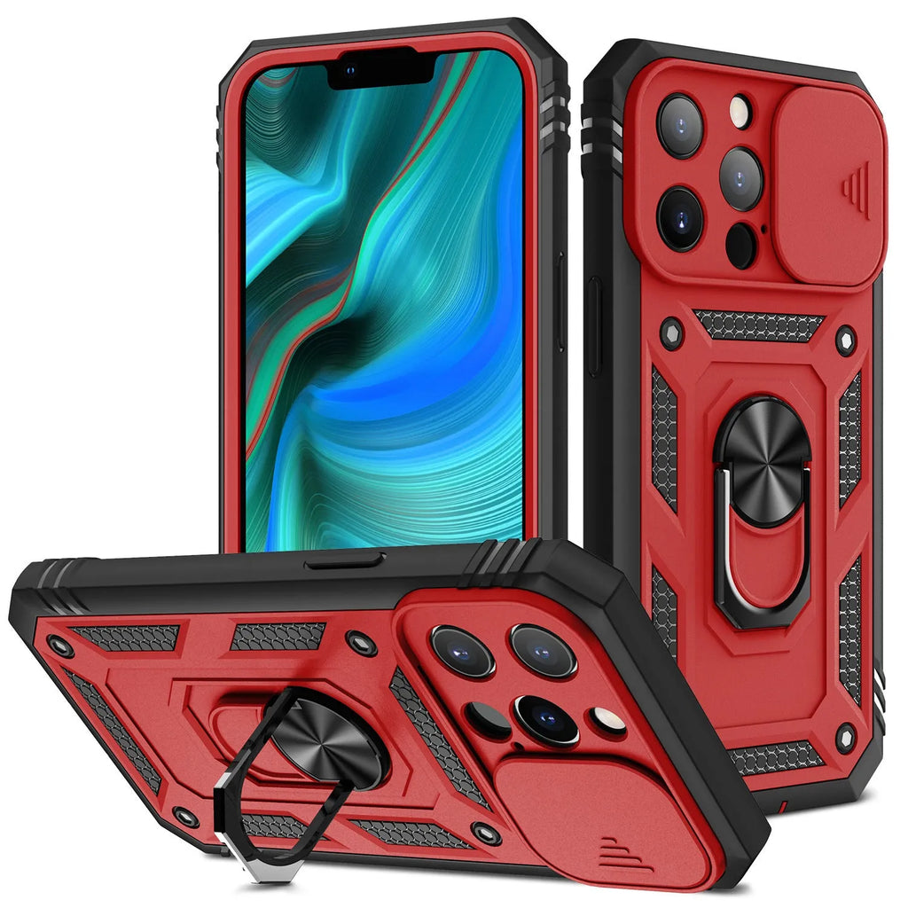 Magnetic mobile phone case with extended sliding bracket in a two-tone colour for Apple iPhone