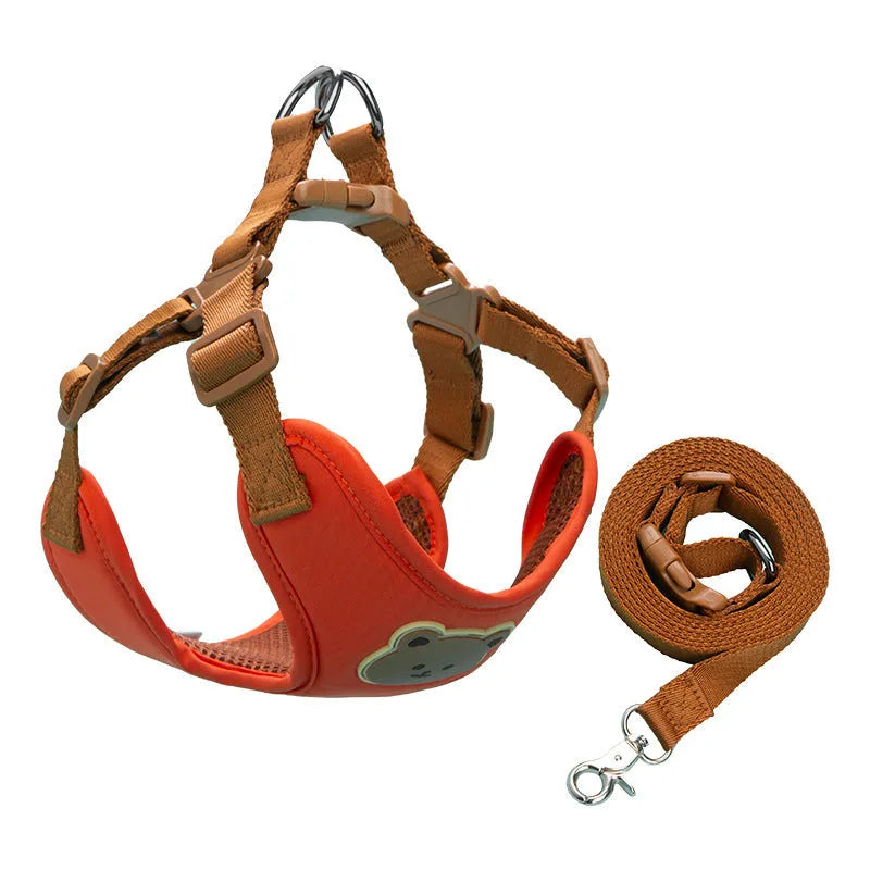 002 bear head red polyester dog chest strap on beige background, five sizes available from XS to XL