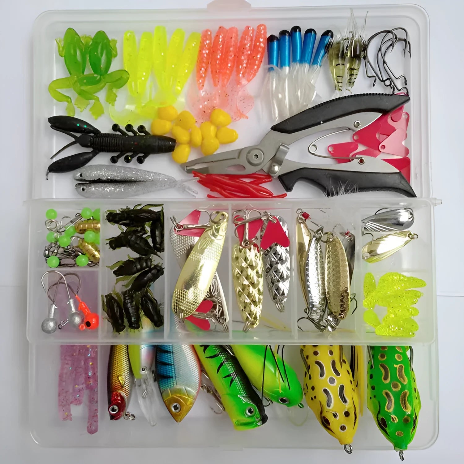 142-piece fishing lure kit with hard mino designs, metal and plastic components in assorted colours