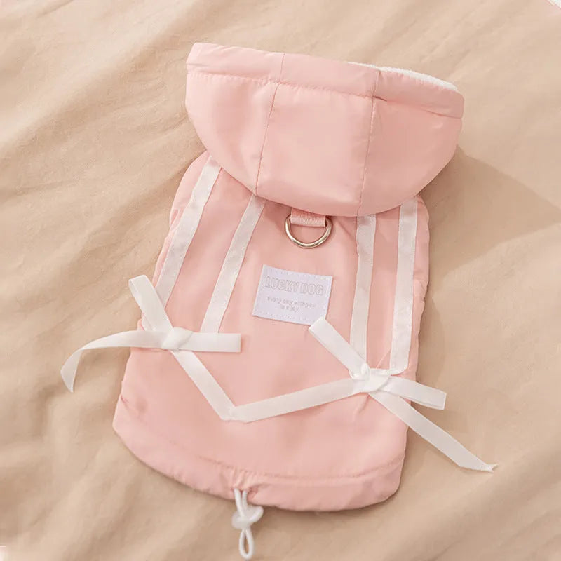Hooded padded pet vest with bow ties for small cats and dogs, beige and pink, sizes XS to XXL
