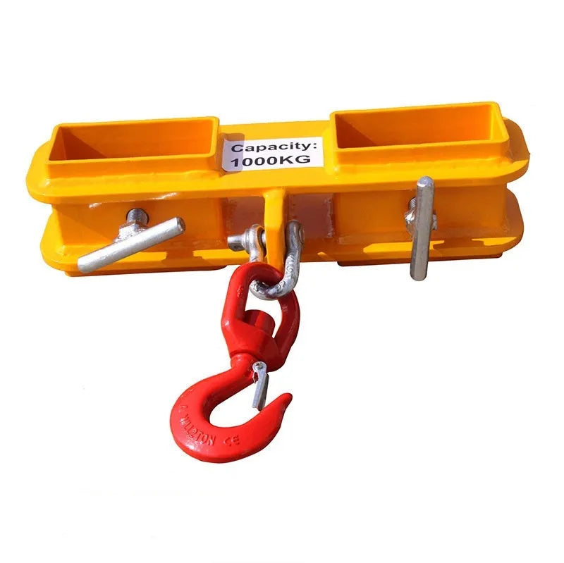 MK forklift crane hook attachment with rotatable drum and safety lock mounted on forklift forks.