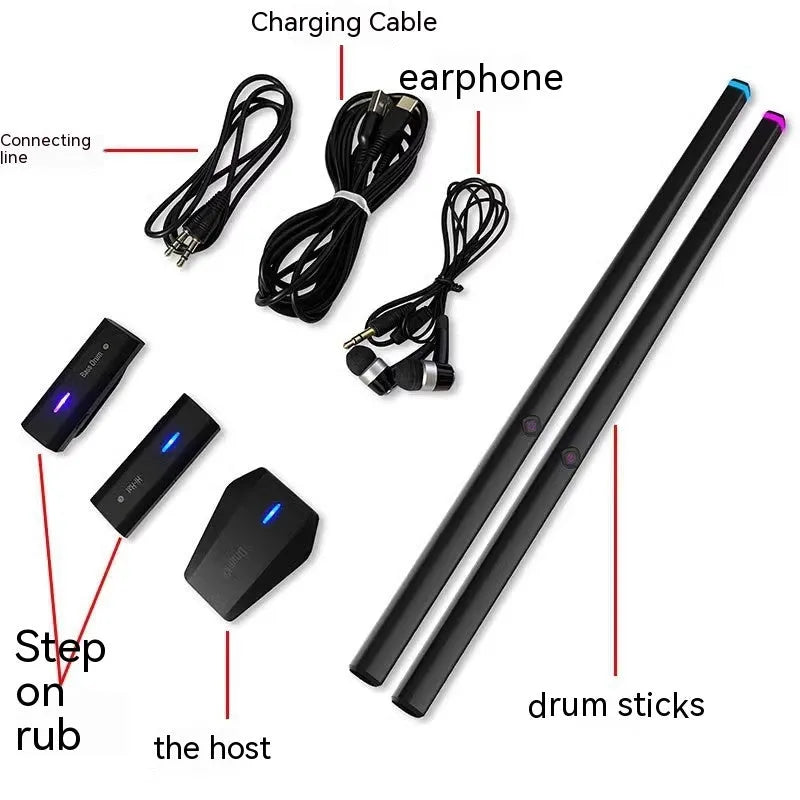 Black somatosensory air drum kit with wireless drumsticks and LED lighting on a dark surface