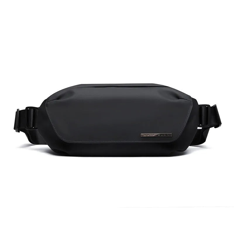 Black men's messenger bag made from Oxford cloth with a one-shoulder strap and street style details.