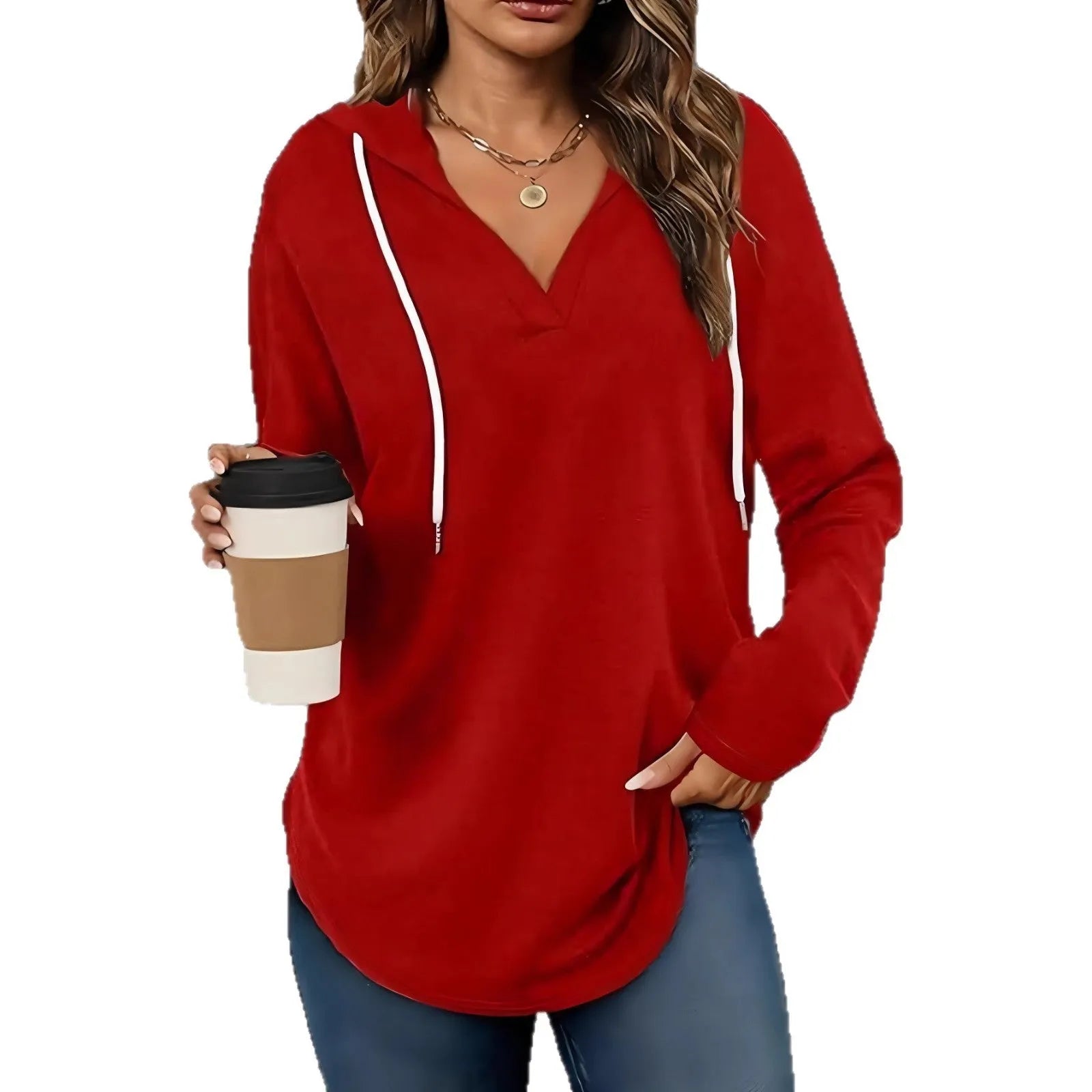 A woman wearing a red V-neck hooded sweatshirt with long sleeves, shown in a loose fit.