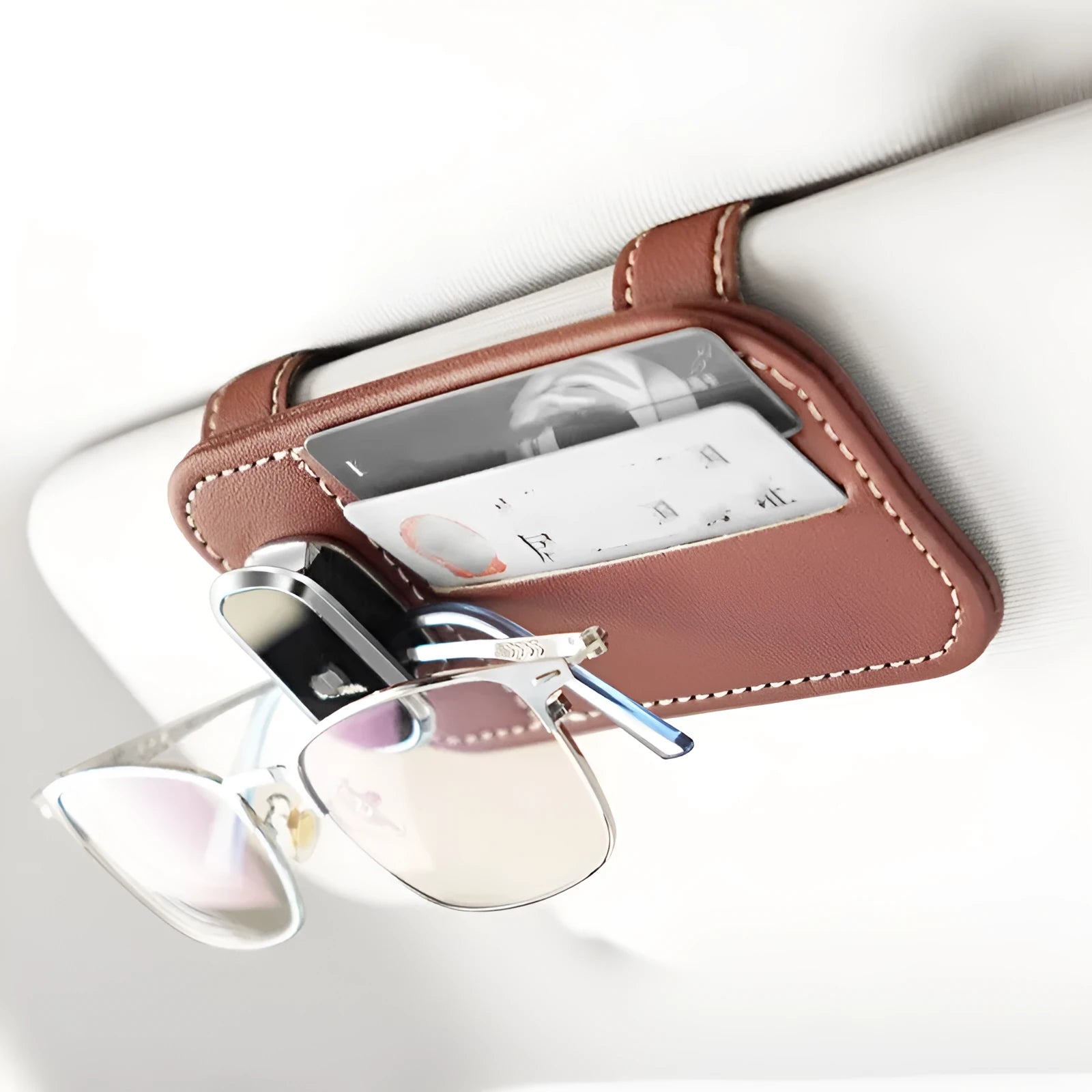 Car sun visor storage organiser with card holder and glasses clip made from cowhide leather