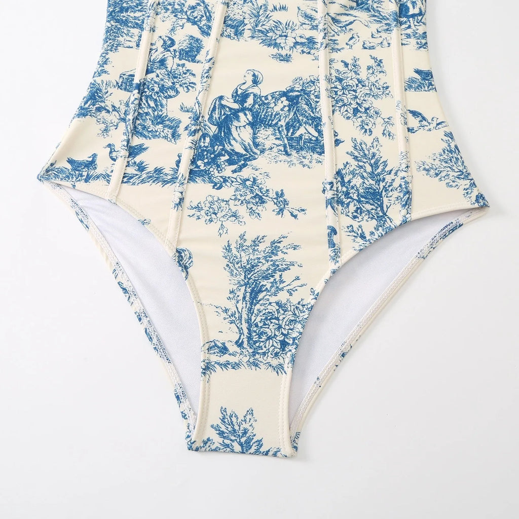 Blue floral pattern women's one-piece swimsuit with separate gauze skirt