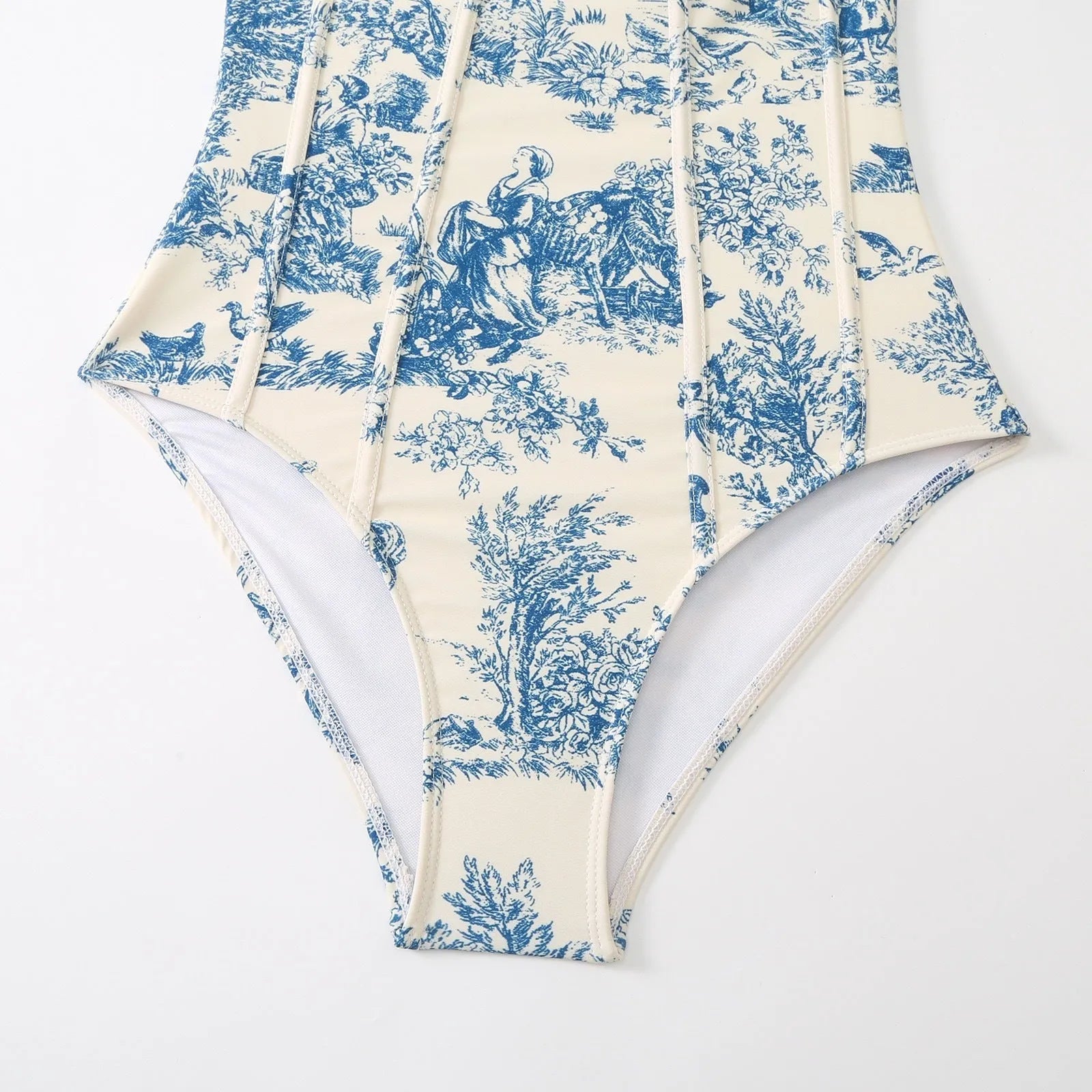 Blue floral pattern women's one-piece swimsuit with separate gauze skirt
