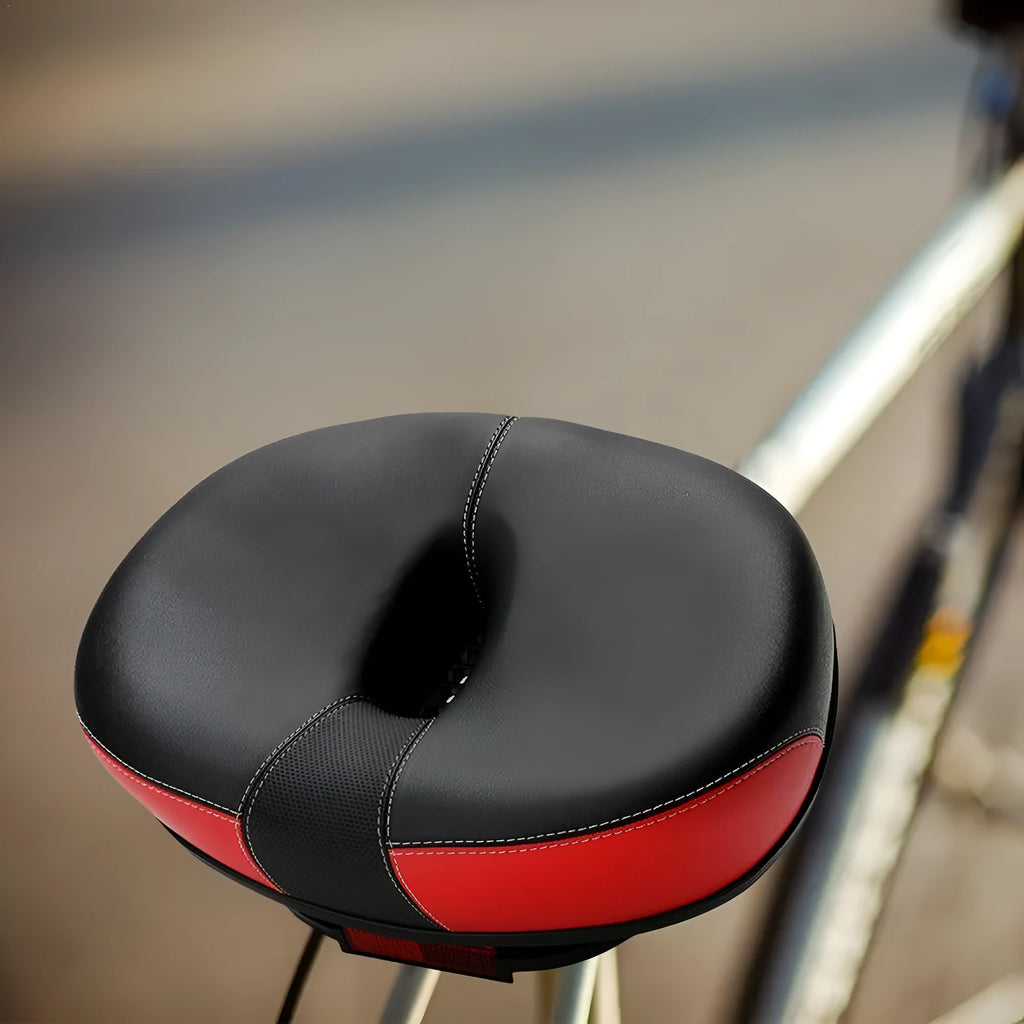 Large 210x270mm mountain bike saddle with thickened rubber ball cushioning in red colour with reflective sticker