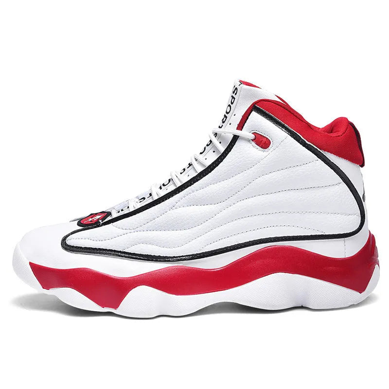 Men's high-top basketball shoes in AJ13 colours with thick rubber sole and mesh upper
