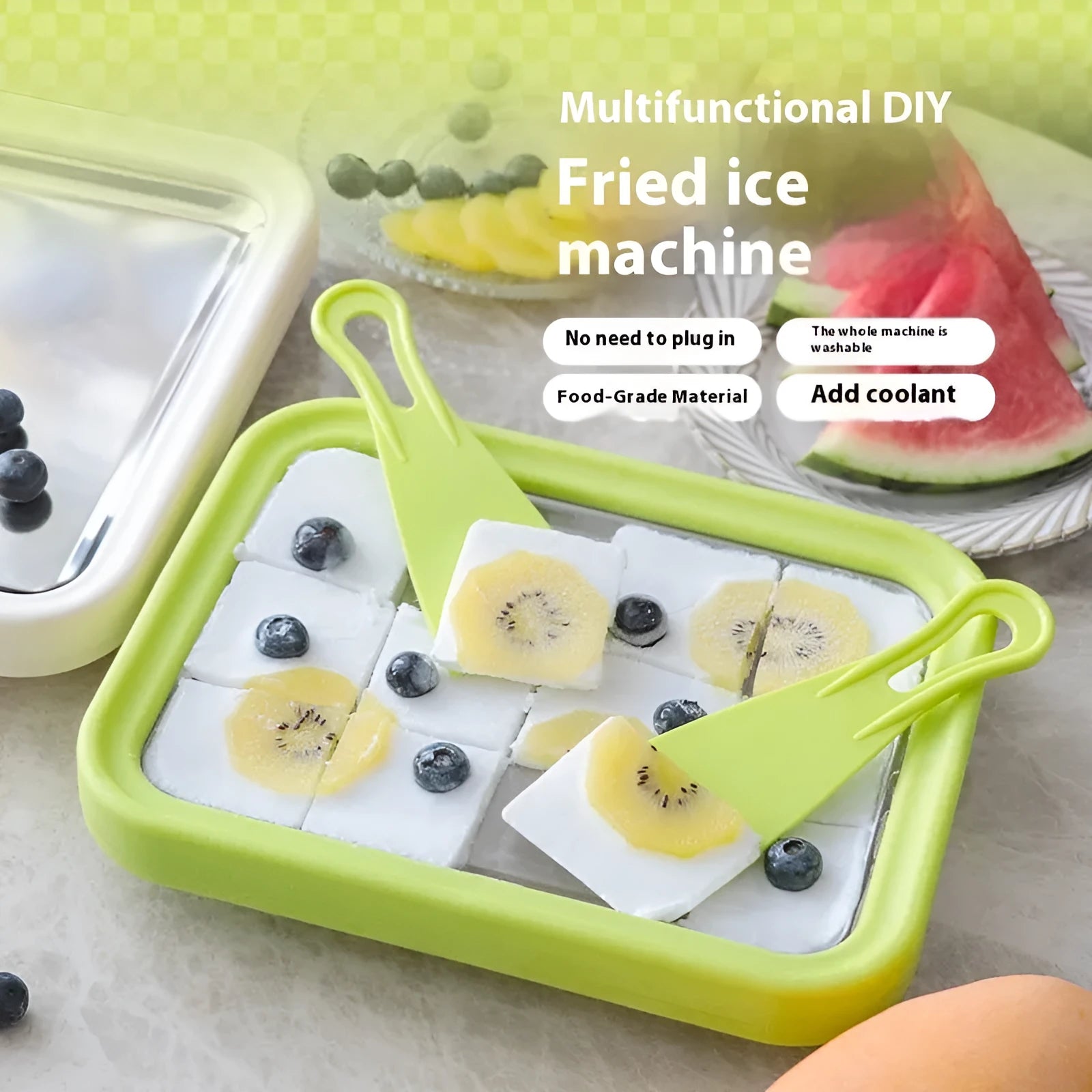 Children's handmade DIY fried yogurt machine in green colour with aluminium gasket construction