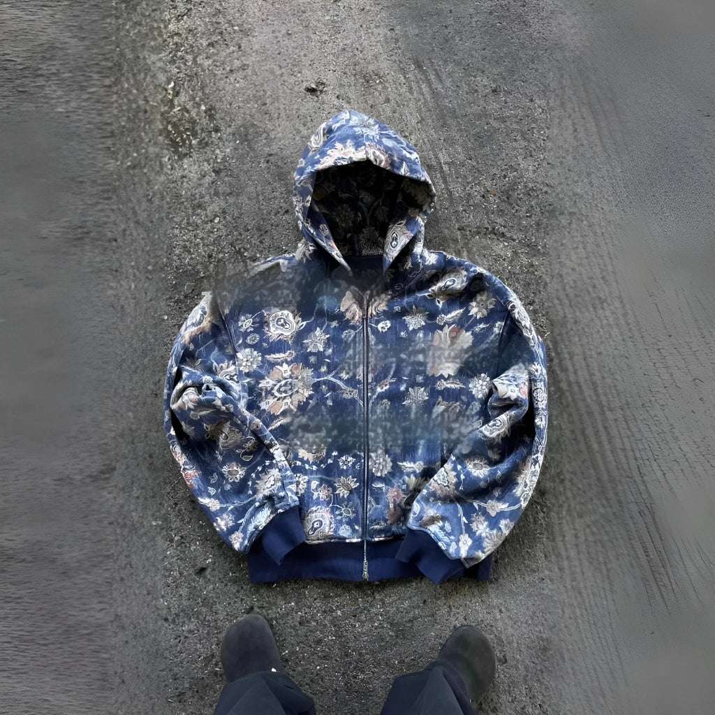 Blue loose zip hooded coat for men with digital printing design and hood