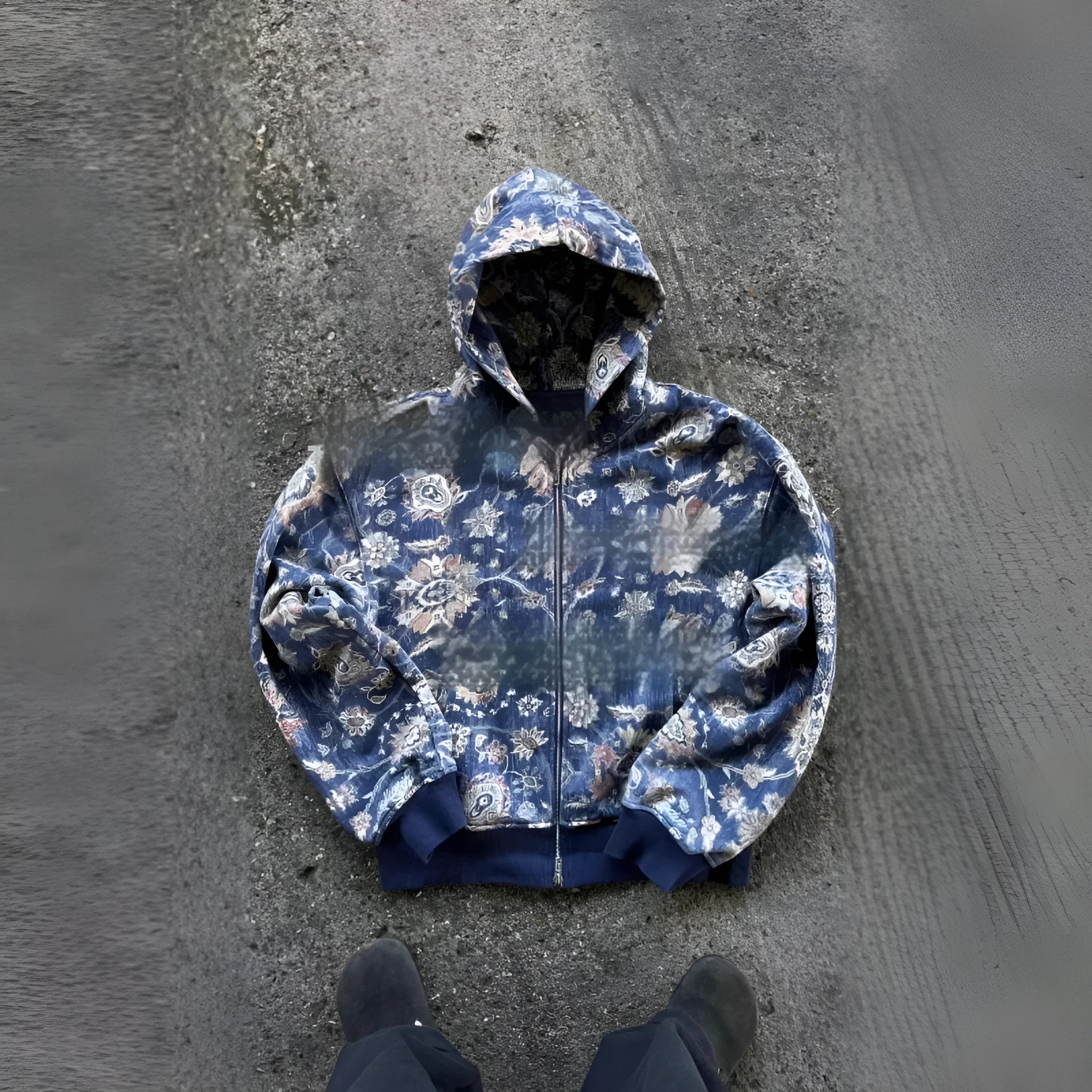 Blue loose zip hooded coat for men with digital printing design and hood