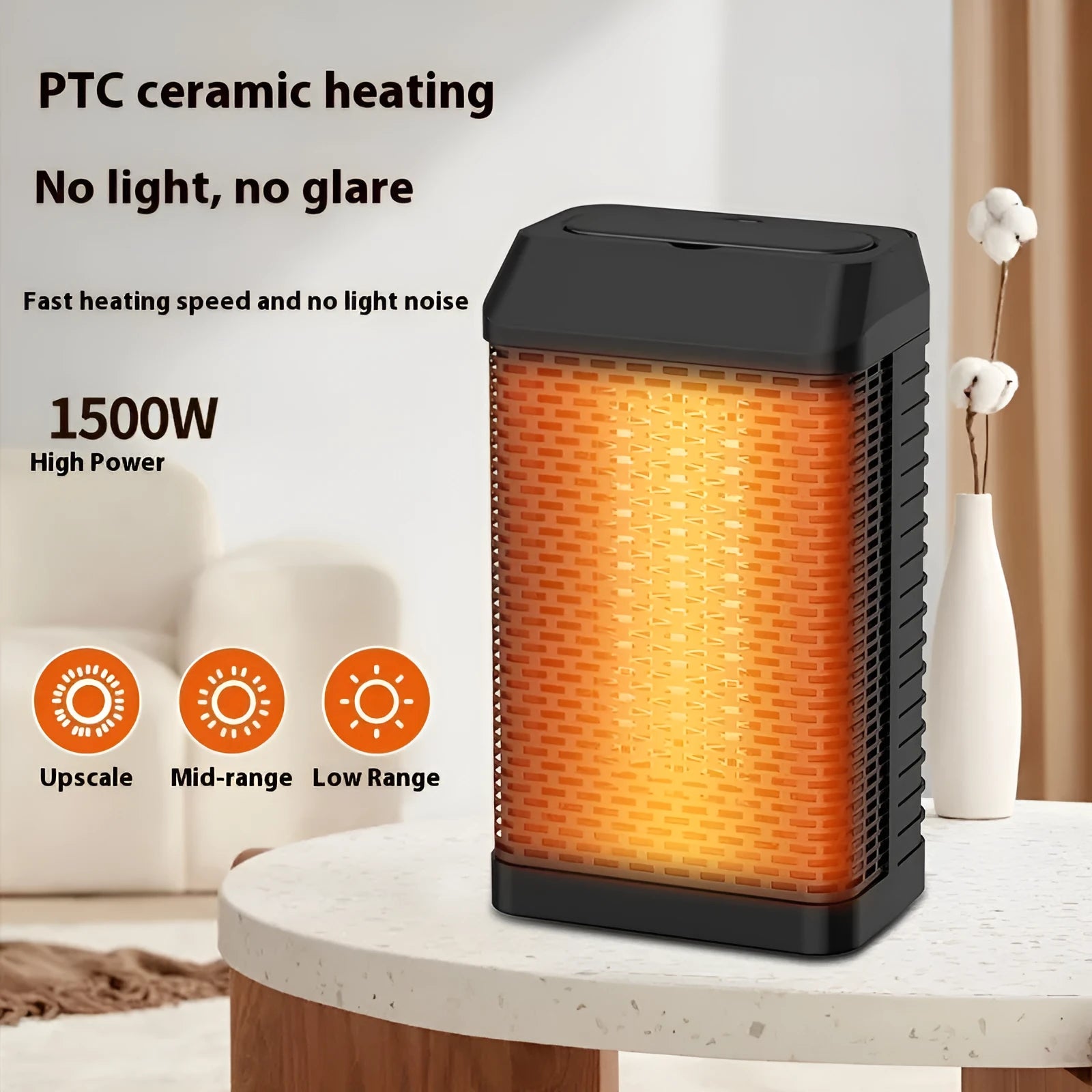 Black compact desktop heater with remote control, shaking head feature, and 3-speed fan for 11-20sqm rooms