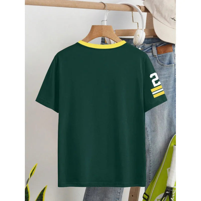 Men's green cotton t-shirt with printed letter patterns and loose fit short sleeves
