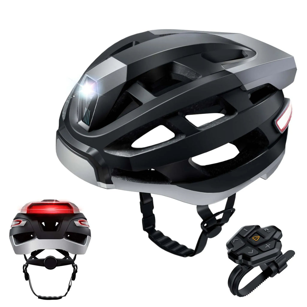 Black and grey adult cycling helmet with integrated warning lights on the rear.