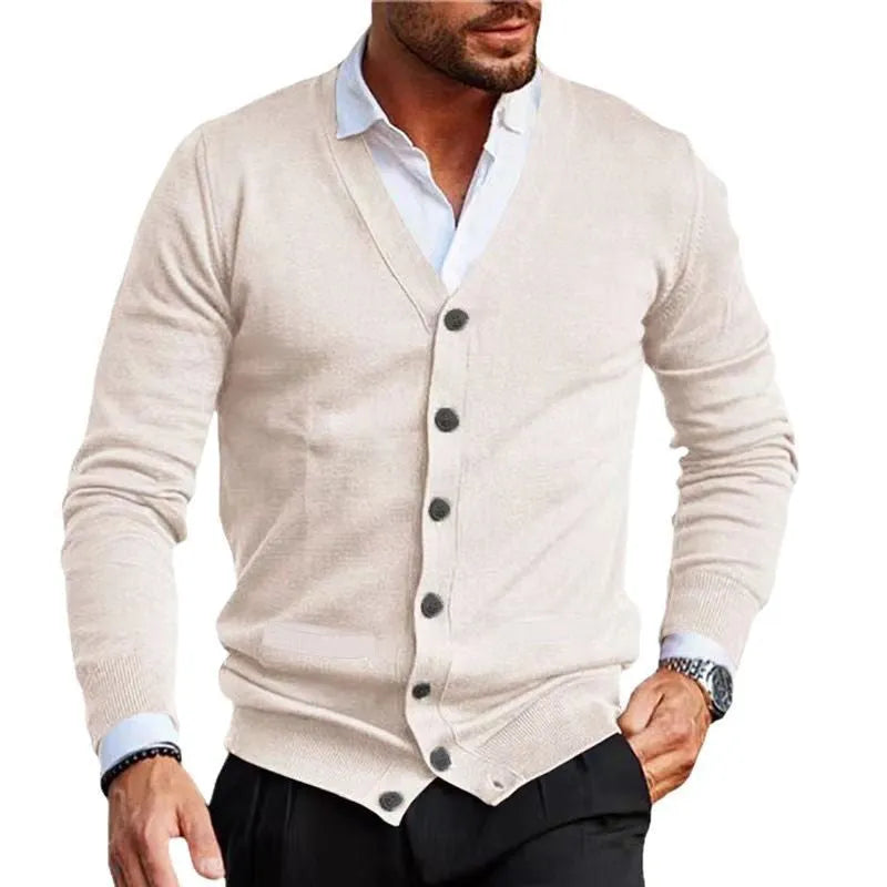 Men's slim fit acrylic cardigan sweater coat in creamy-white colour with long sleeves for autumn wear