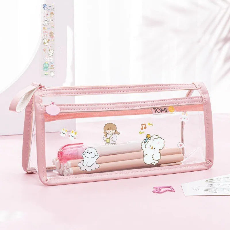 Transparent double-layer pencil case showing clear PVC construction with separate compartments