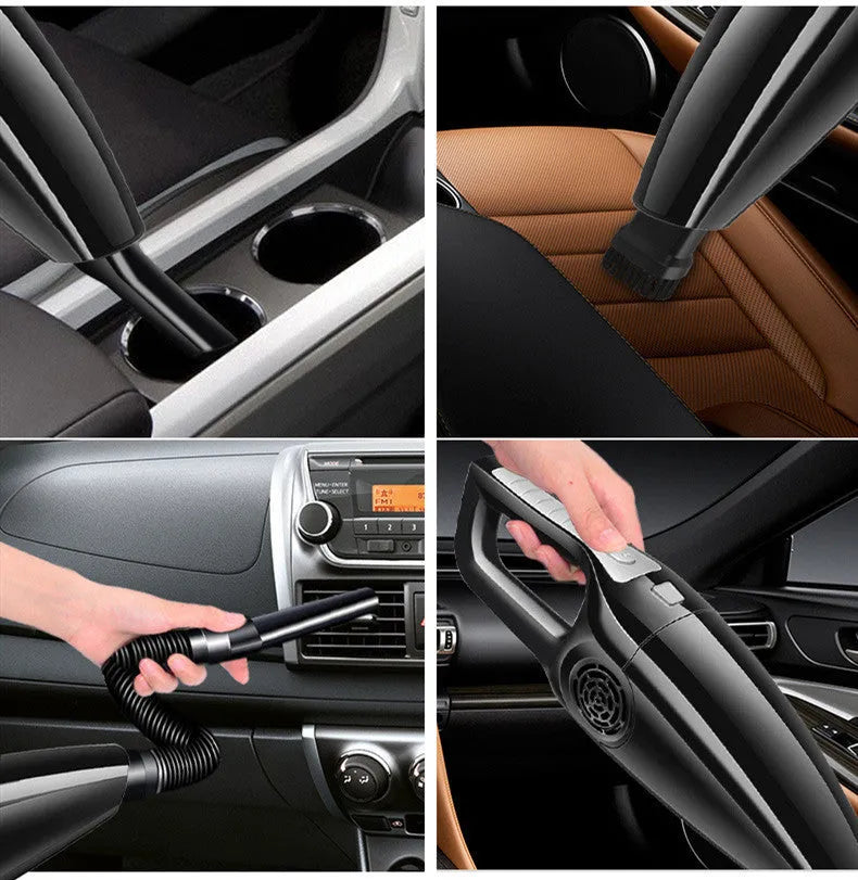 Black and orange 120W car vacuum cleaner with cigarette lighter plug for vehicle interior cleaning