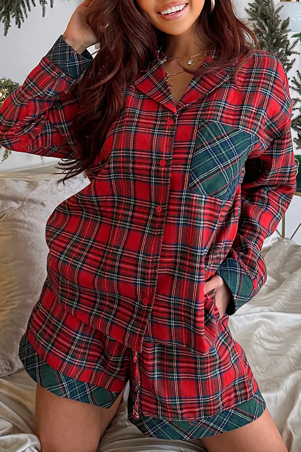 Red plaid Christmas pajama set for adults with long sleeve shirt and shorts