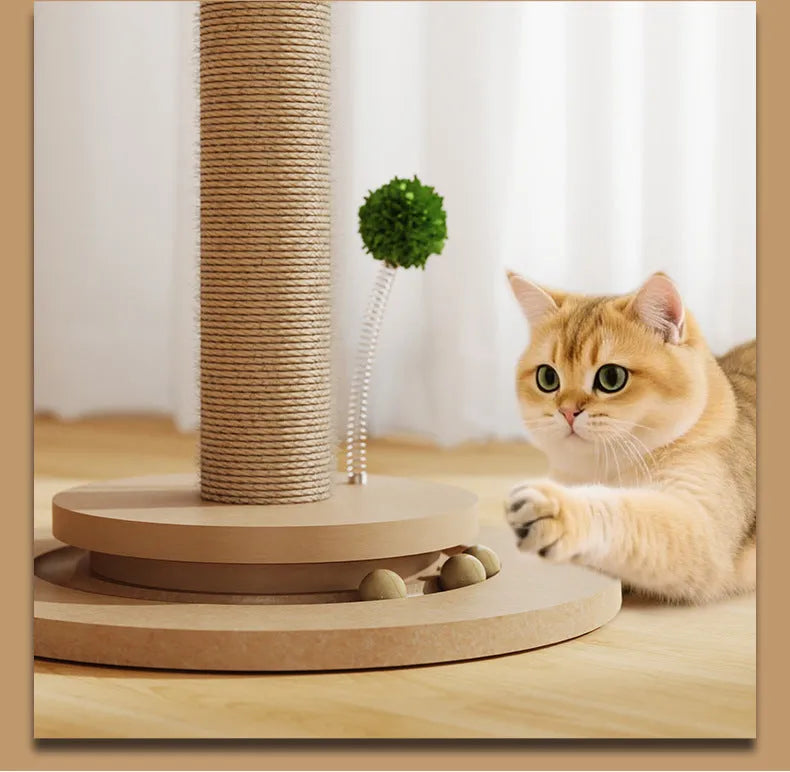 Vertical cat climbing frame with canna-coloured hemp rope scratching posts and density board platforms