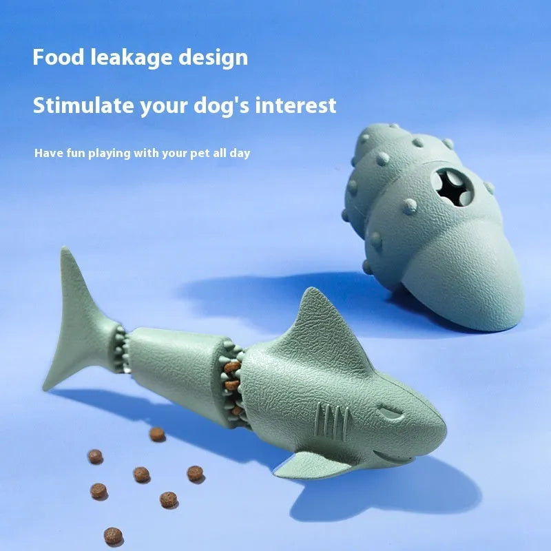 Deep sea shark rubber dog toy in blue or green colour with conch or starfish design options