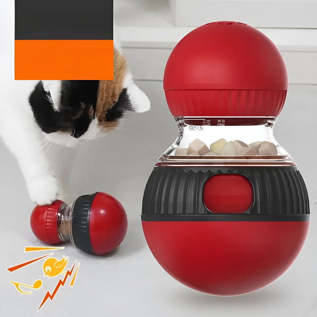Rotating funny cat sound food dropping ball toy in super ball colour, plastic construction