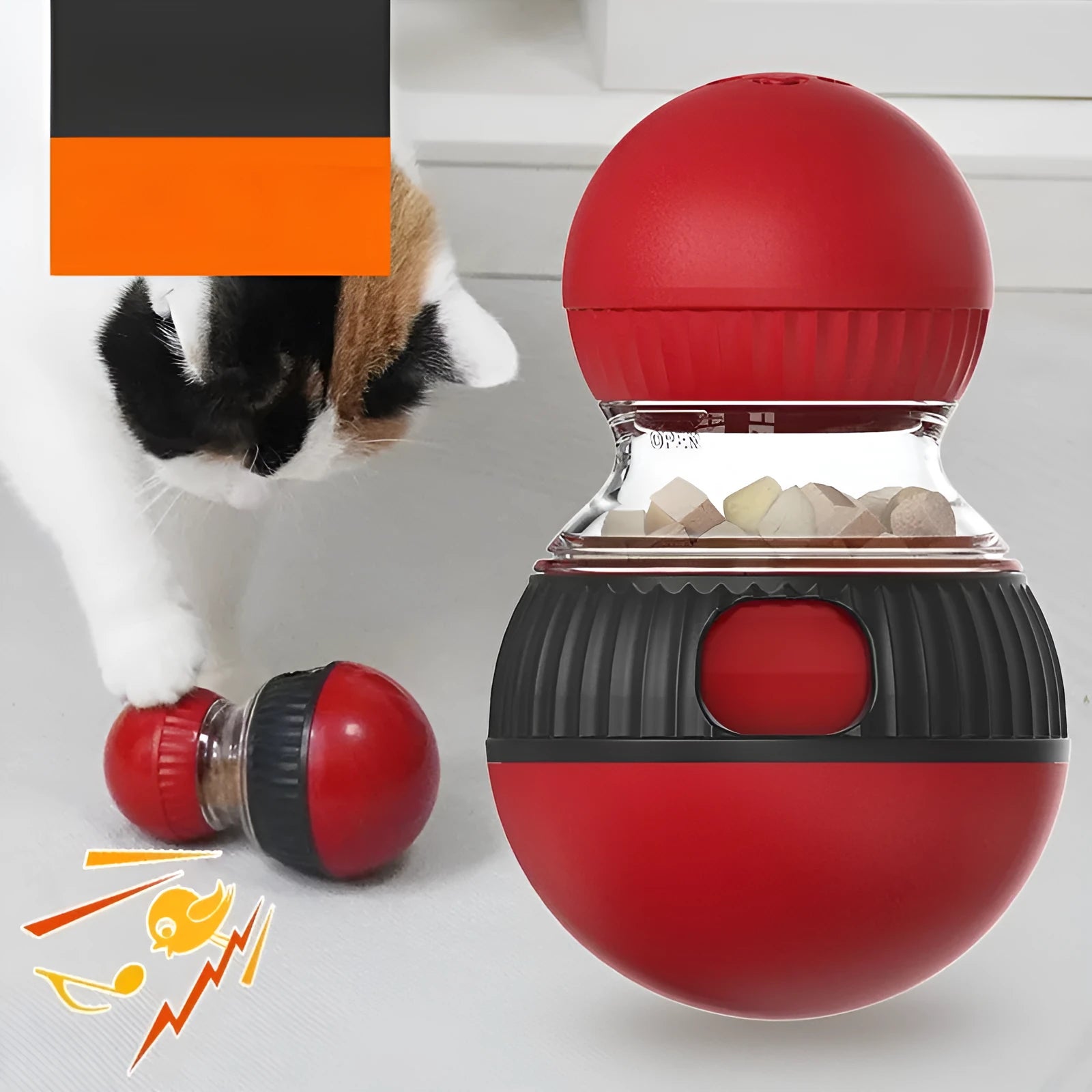 Plastic rotating cat toy with sound ball and food-dispensing mechanism